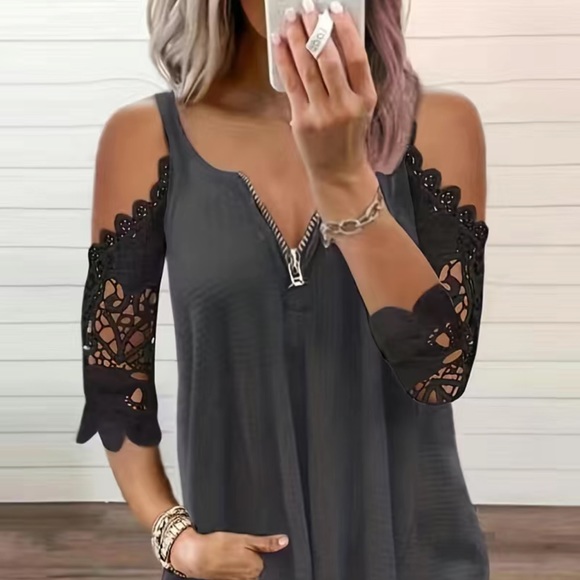 NWT 💋 CHARCOAL GRAY RIBBED COLD SHOULDER LACE SLEEVE ZIPPER BLOUSE TOP XXL - Picture 3 of 9